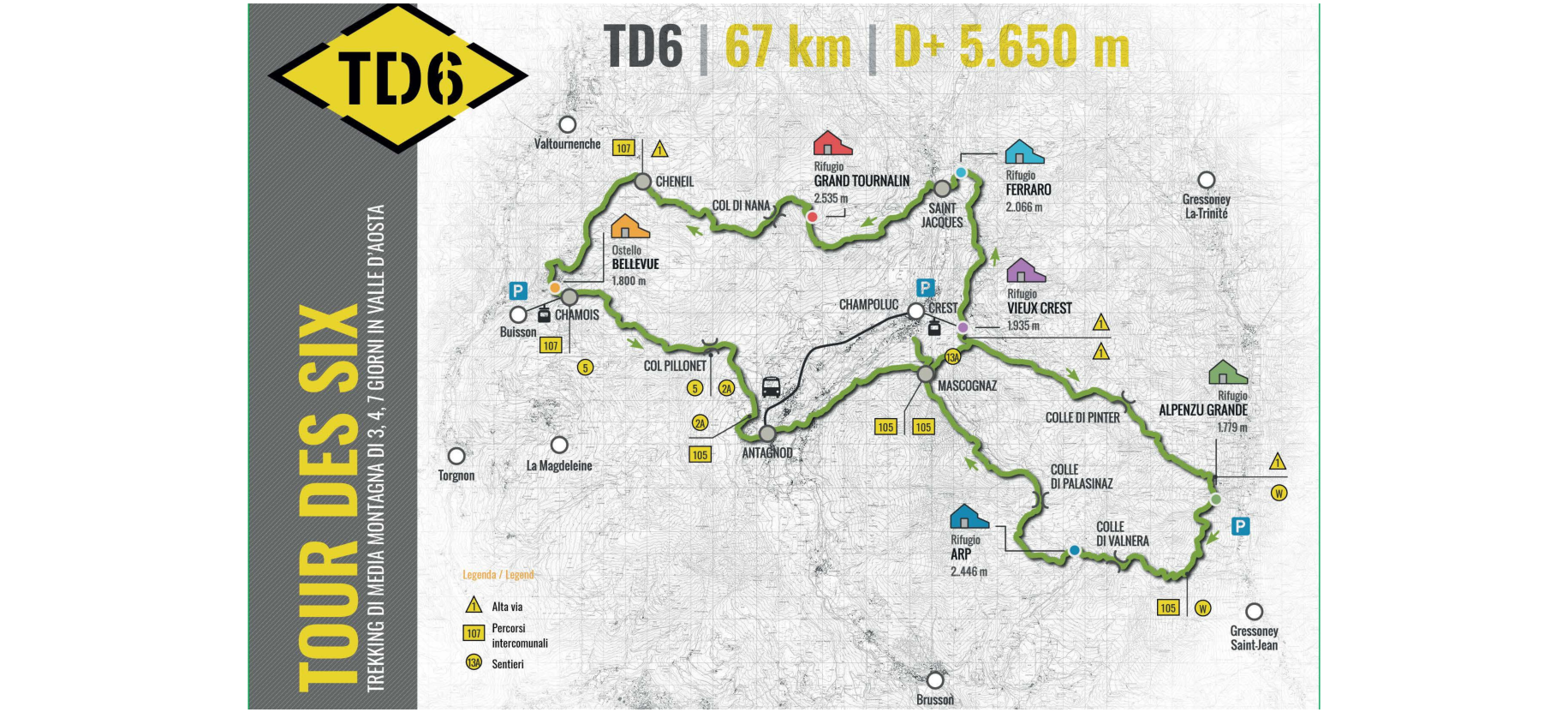 Il Tour des Six è un percorso di media montagna che deve il suo nome all'itinerario che percorre e che lo porta a toccare 6 rifugi: il "Giro dei Sei" appunto.